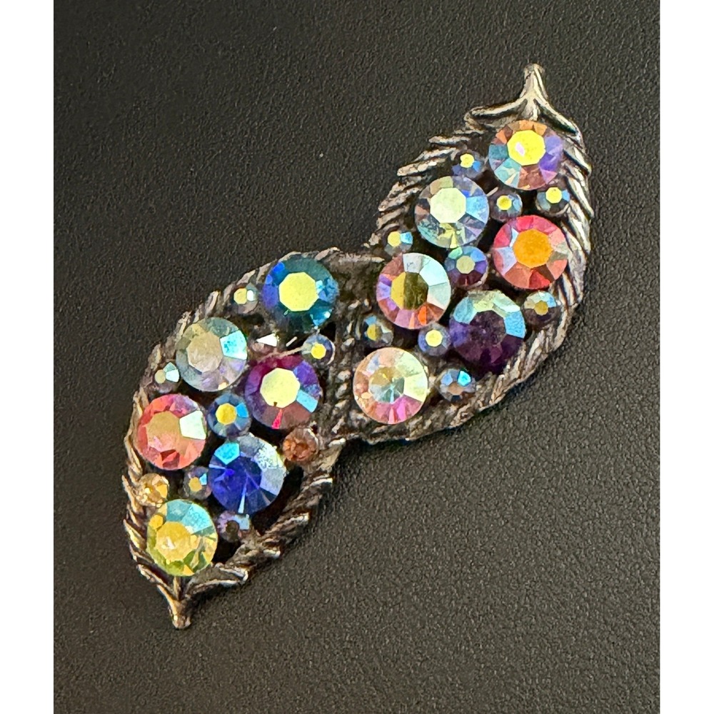 Vintage Rhinestone Brooch Double Leaf Feather Silver Tone AB Aurora Borealis